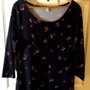 Old Navy Black Floral 3/4 Length Sleeve Skater Dress XL with Scoop Neck